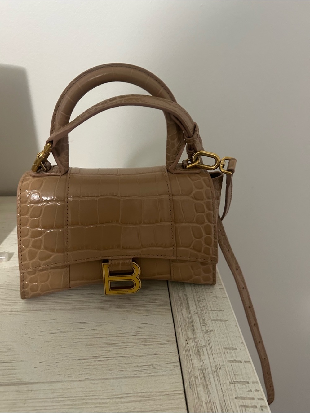 Bottega Veneta Tan Croc-Embossed Top-Handle Mini Bag with Gold B Logo